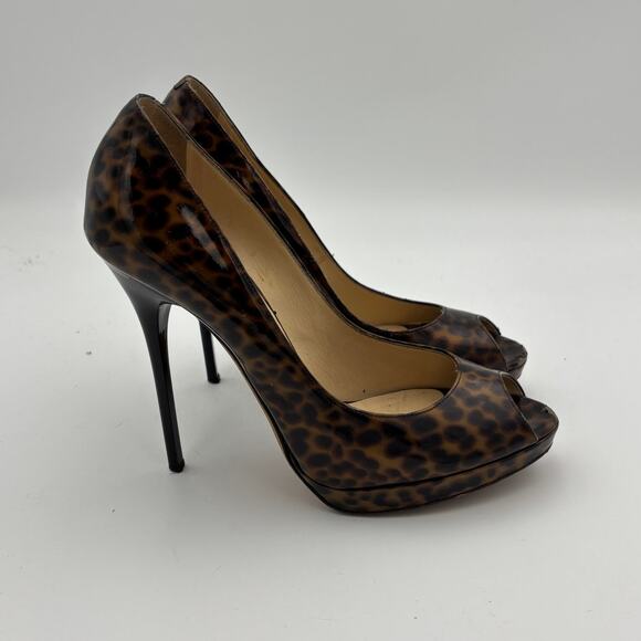 Jimmy Choo Cheetah Print Patent Leather Peep Toe Pumps Women's 37.5 - Picture 3 of 13